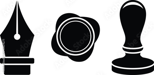 Photos A writing instrument icon, a wax seal with a petal border, and a rubber stamp mi