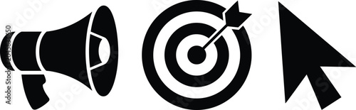 Foto Megaphone target and cursor icons representing communication, goals, and digital