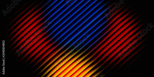 Tableau sur toile The arrangement of parallel and repeating diagonal lines, in orange, blue, red, purple, and black, creates a structural effect like a grid, louver (ventilation), or 3D fins that have depth