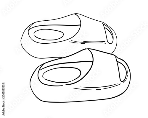 Rubber flip flops sketch vector illustration. Hand drawn slippers isolated on white background. Casual summer footwear outline drawing, monochrome line art, vacation accessory, vector graphic element.