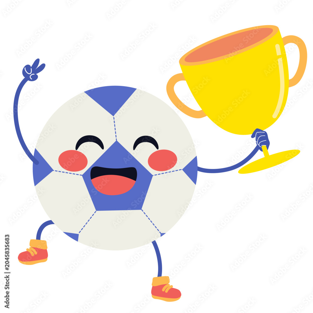 Fototapeta premium Vector cartoon illustration of a cute soccer ball mascot holding a golden trophy cup celebrating victory isolated on white background