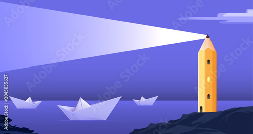 Pencil Lighthouse Shining Across Ocean with Paper Boats Representing Guidance Knowledge and Educational Inspiration Vector Illustration