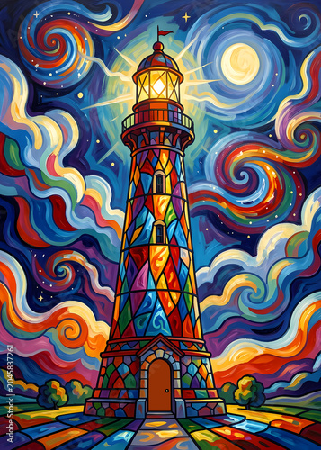 Colorful fantasy illustration of a stained glass lighthouse 