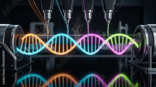 Extruding bioluminescent synthetic polymers via precision robotic injectors to assemble a vibrant neon double helix structure in a sterile laboratory.