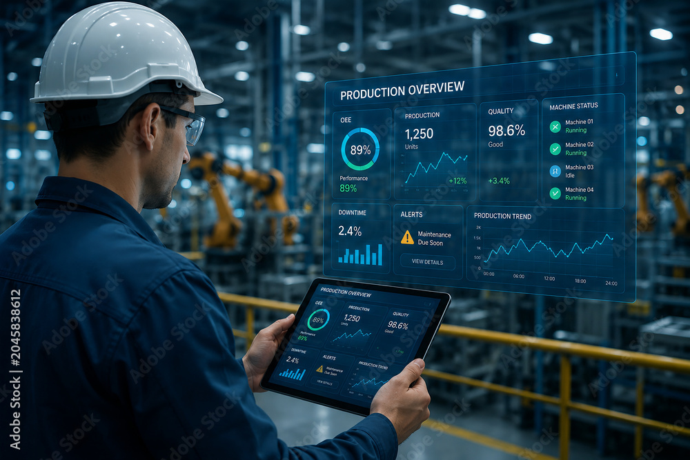 Engineer using a digital tablet for production monitoring in a smart factory