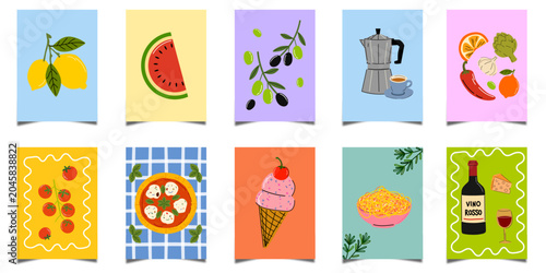 Fotografie Hand Drawn Food Poster Collection with Pizza, Lemon, Tomato, Cheese and Seafood