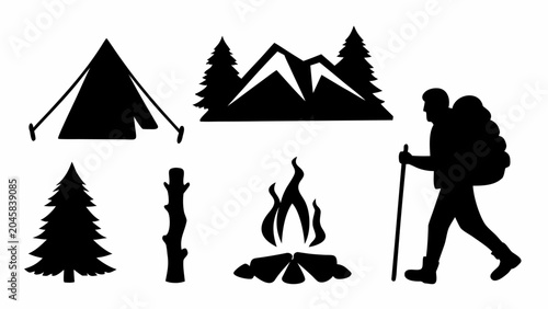 Black silhouettes of camping and hiking icons