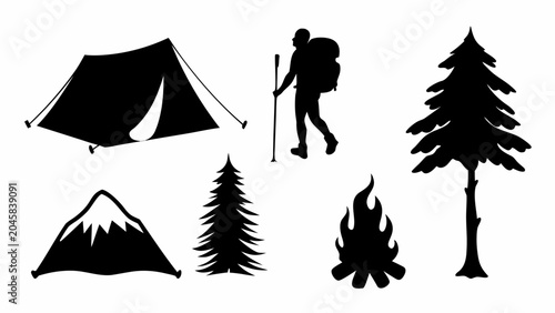 Black silhouettes of camping and hiking icons