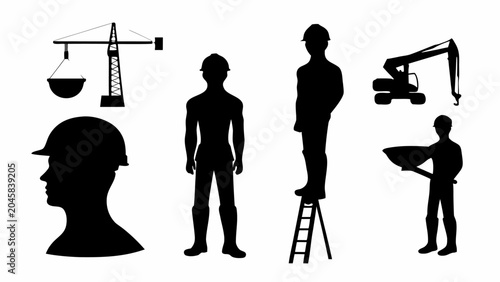 Silhouettes of construction workers with equipment