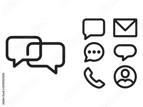 Set of eight flat line style communication icons for chat speech bubbles email message phone and user profile isolated on white background for web and mobile design