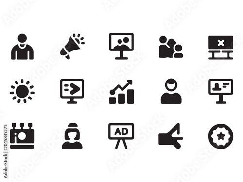 Set of flat black business communication and social media icons on white background