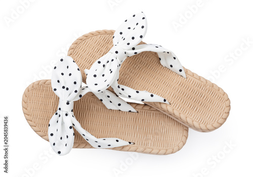 Cute sandals isolated on white, top view