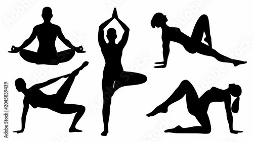 Black silhouettes of people in various yoga poses