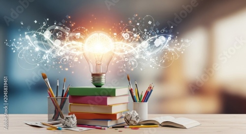 A light bulb emitting a glowing light, with a stack of books and various writing utensils on a wooden table in a well-lit room with a blurred background.