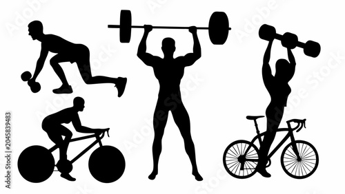 Silhouette of people exercising with weights and bicycles in various poses