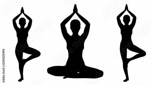 Silhouettes of people practicing yoga poses in various stances