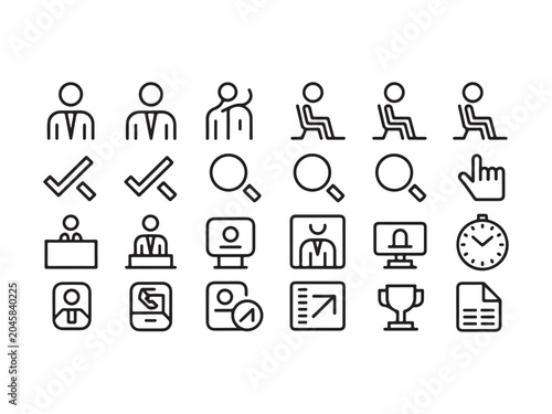 Various business and office icons including people and objects on white background