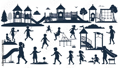 Diverse Children Enjoying Various Playground Activities Silhouette Collection.