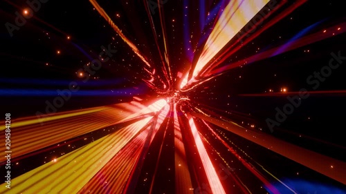 Abstract dark red orange and blue reflective glass tunnel animation background 4k vj loop 3d render