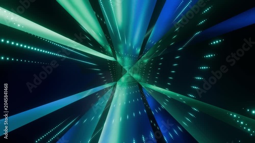 Abstract dark green and blue reflective glass tunnel animation background 4k vj loop 3d render