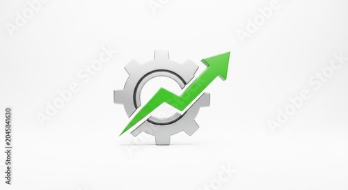 A green and white gear icon with a green upward arrow on a white background.