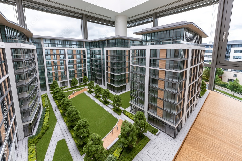 Fototapeta premium Architectural model of a modern residential complex with a central green courtyard and contemporary building design.