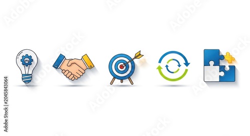 A set of five icons representing business and teamwork concepts, including a light bulb, handshake, target, gear, and puzzle pieces.
