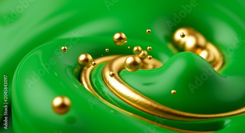 Abstract fluid art vibrant green liquid gold mixing swirling.