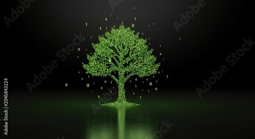 Digital tree glowing green binary code shedding leaves black floor.