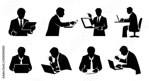 Business men silhouettes working with laptops and tablets, corporate style