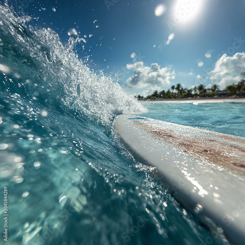 Surfboard riding in ocean in crystal clear water generated.AI