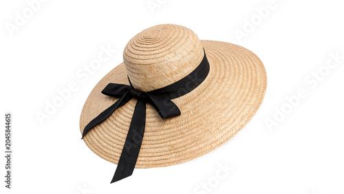 фотографія Classic female summer straw hat with black ribbon isolated on transparent backgr