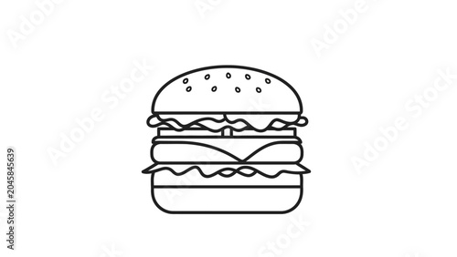 A minimalist black and white line art illustration of a delicious cheeseburger with sesame seeds on a soft bun