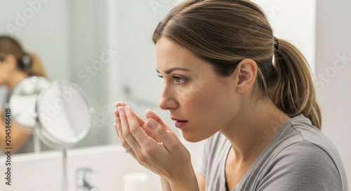 Young woman checking her breath in the bathroom mirror, oral hygiene and health care concept