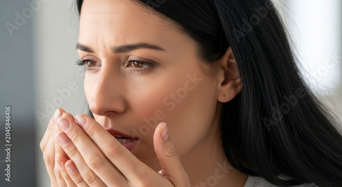 Concerned Young Woman Holding Hands to Mouth Feeling Unwell or Checking Breath