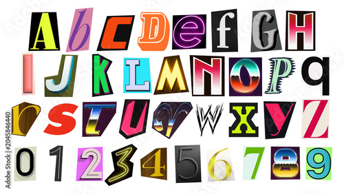 Ransom note alphabet and numbers set isolated on black background, colorful mixed magazine cutout letters with vintage collage style for poster, crime concept, punk design or graphic composition.