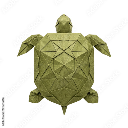 Intricate green paper origami sea turtle sculpture