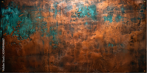 Photography Corroded Copper Texture: A close-up view of a corroded copper surface, revealing a rich tapestry of oxidized patina in shades of turquoise and deep brown