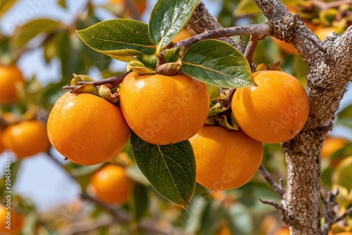 Ripe, vibrant orange persimmons hanging from a tree branch with green leaves in sunlight.