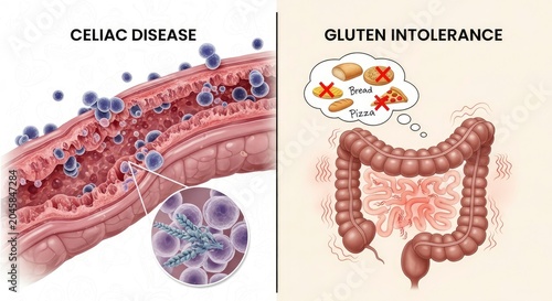 Medical illustration comparing Celiac Disease and Gluten Intolerance showing intestinal damage, immune response to gluten, and digestive system irritation.