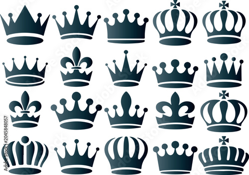 Fotografie Assortment of detailed royal crowns and fleur de lis symbols in dark blue on transparent background