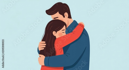Emotional illustration of a man and woman hugging each other tightly, representing love, comfort, and support on a plain background.