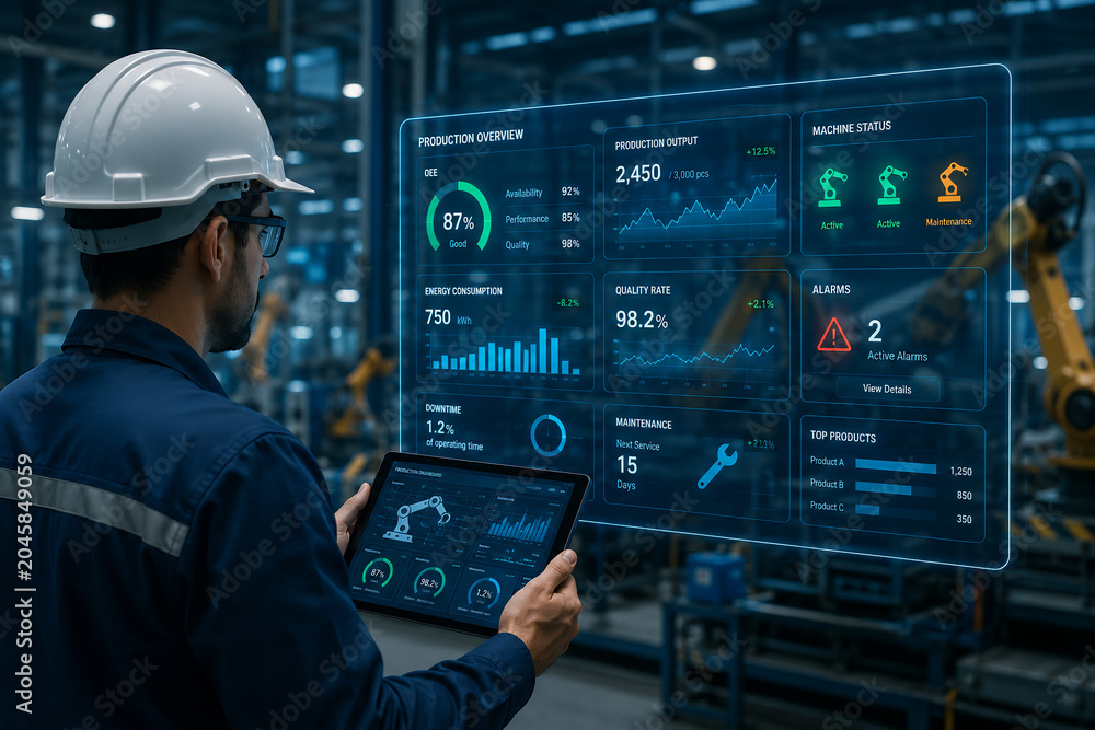 Engineer monitoring industrial production using futuristic holographic interface and tablet