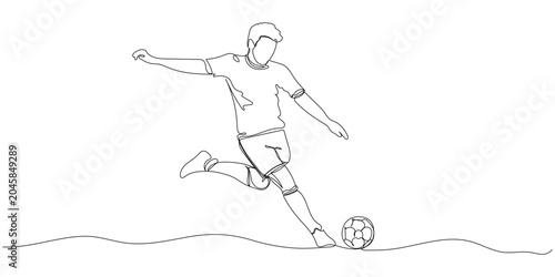 Minimal continuous line drawing of soccer performing a powerful kick. Elegant hand-drawn artwork capturing movement and competition. Suitable for FIFA 2026, football events, posters.
