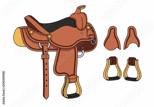Fényképezés Western Horse Saddle Vector Illustration with Stirrups and Equestrian Leather Eq