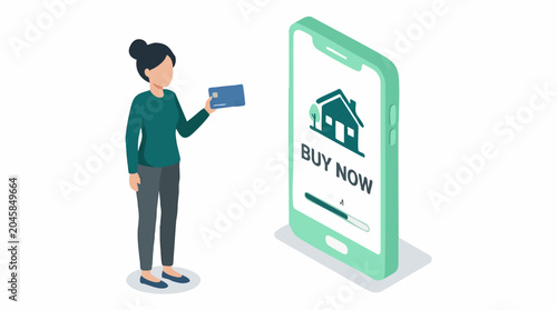 Woman using smartphone app with credit card for online house purchase