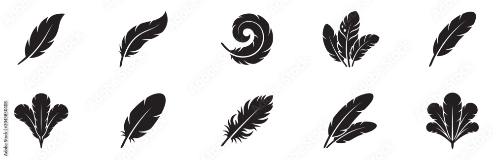 Fototapeta premium Feather silhouette icon set. Lightweight soft organic element collection. Vector illustration.