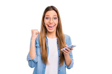 Photo of pretty enthusiastic nice glad optimistic screaming funny lady raising fist up isolated grey background