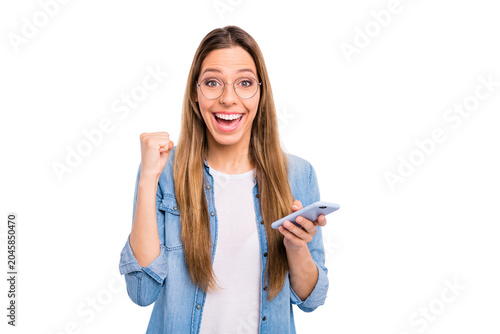 Obraz na plátne Photo of pretty enthusiastic nice glad optimistic screaming funny lady raising f