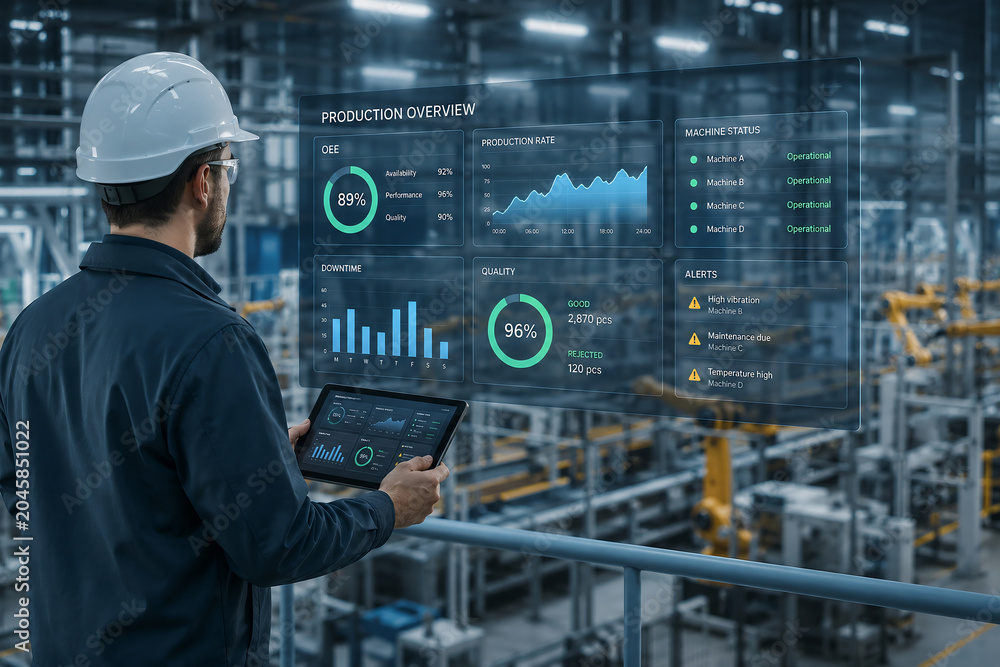 Industrial Engineer Monitoring Production Overview with Digital Holographic Interface in Smart Factory